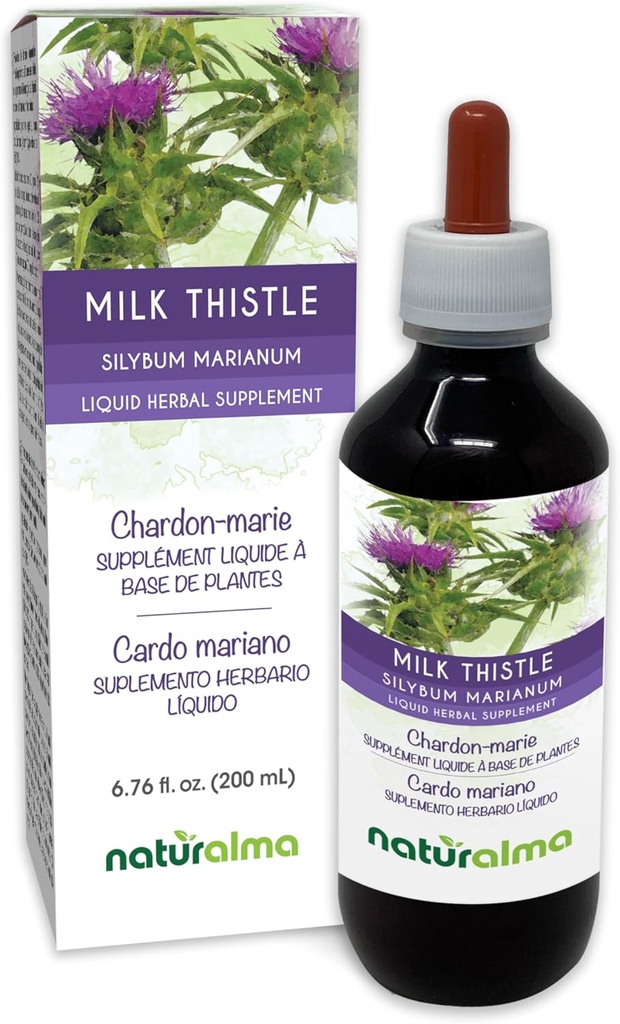 Naturalma Milk Thistle (Silybum marianum) Sadje in zelišča brez alkohola Tinktura - 6.76 fl oz Tekoči ekstrakt v kapljicah - Zeliščni dodatek - Vegan