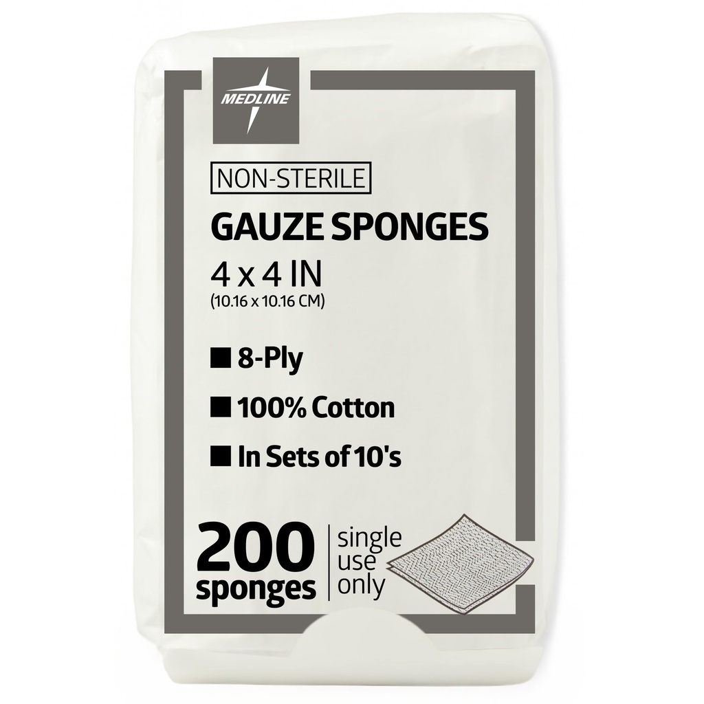 Medline 4 x 4 Inch Gaze Sponge, nesteril 8-Ply Tkane Gaza, 100% bombaž, Idealno za obleko rane, nego ran, splošno uporabo prve pomoči, paket 200