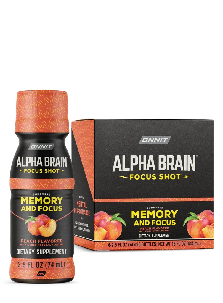 ONNIT Alfa Brain Focus Shot, Peach Flavor, Nootropic dietary dodatek pijača, ki podpira energijo, Focus, in Mood, IGENTM non-GMO Tested, 2,5 fl oz, 6 Count