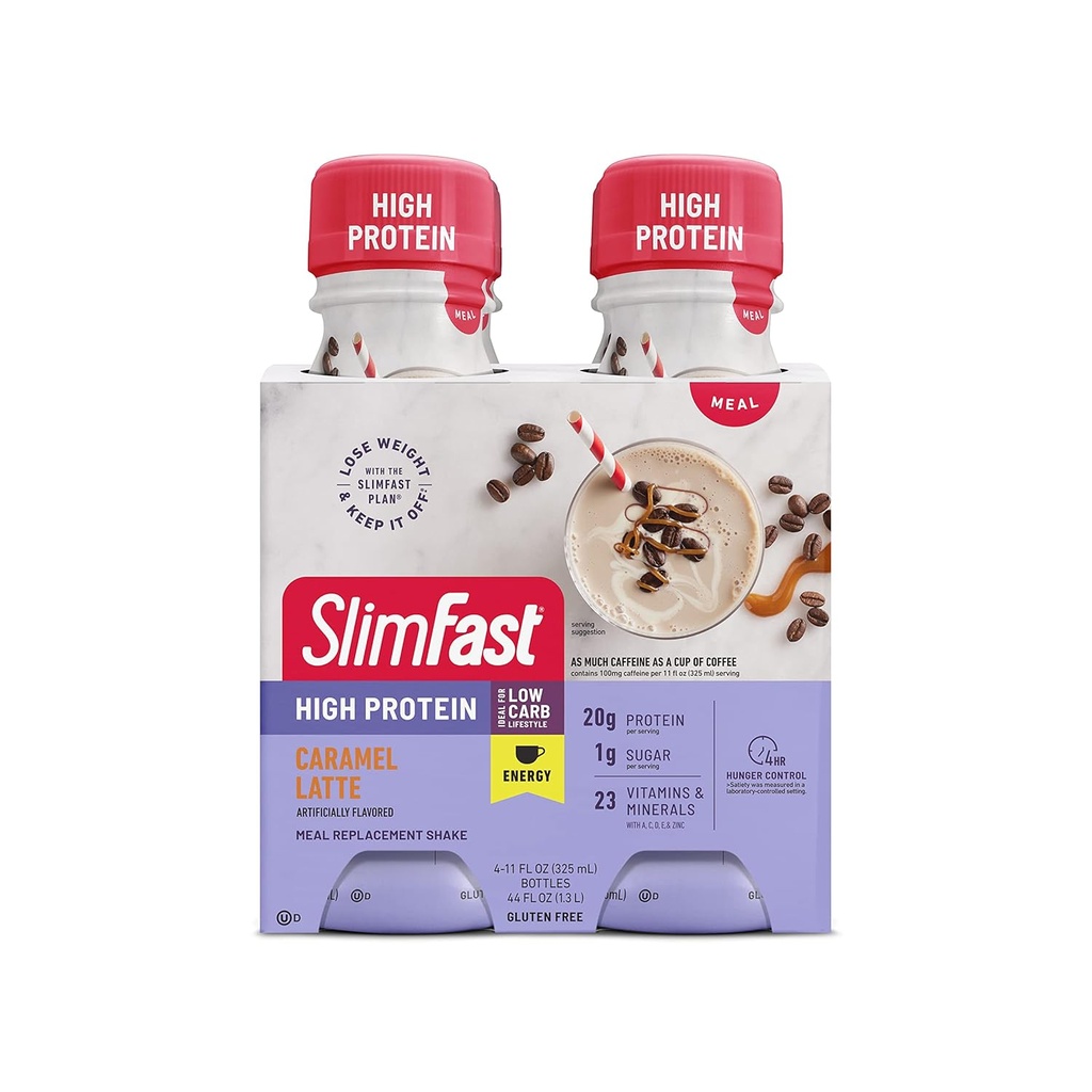 SlimFast Advanced Energy Karamel Latte Shake – Pripravljen za pitje obrok nadomestilo – 20g beljakovin, 11 fl. oz. steklenica, 4 Število (Packaging May Vary)