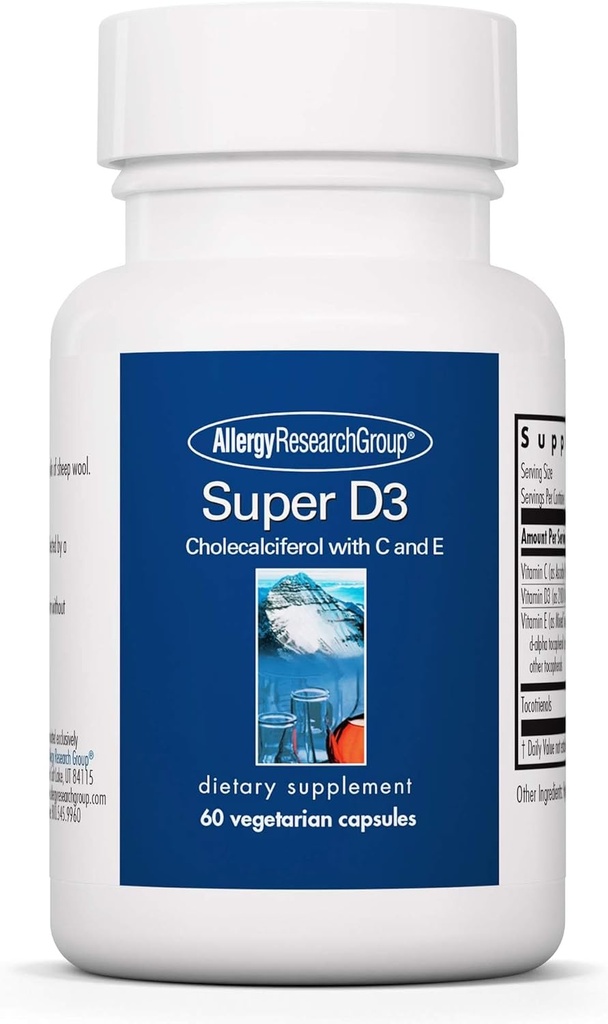 Alergija Raziskovalna skupina Super D3 Prehranska dopolnila - Bone & Immune Support, Cholekalciferol s C & E, Vegetarijanske kapsule, Gluten Free - 60 Count