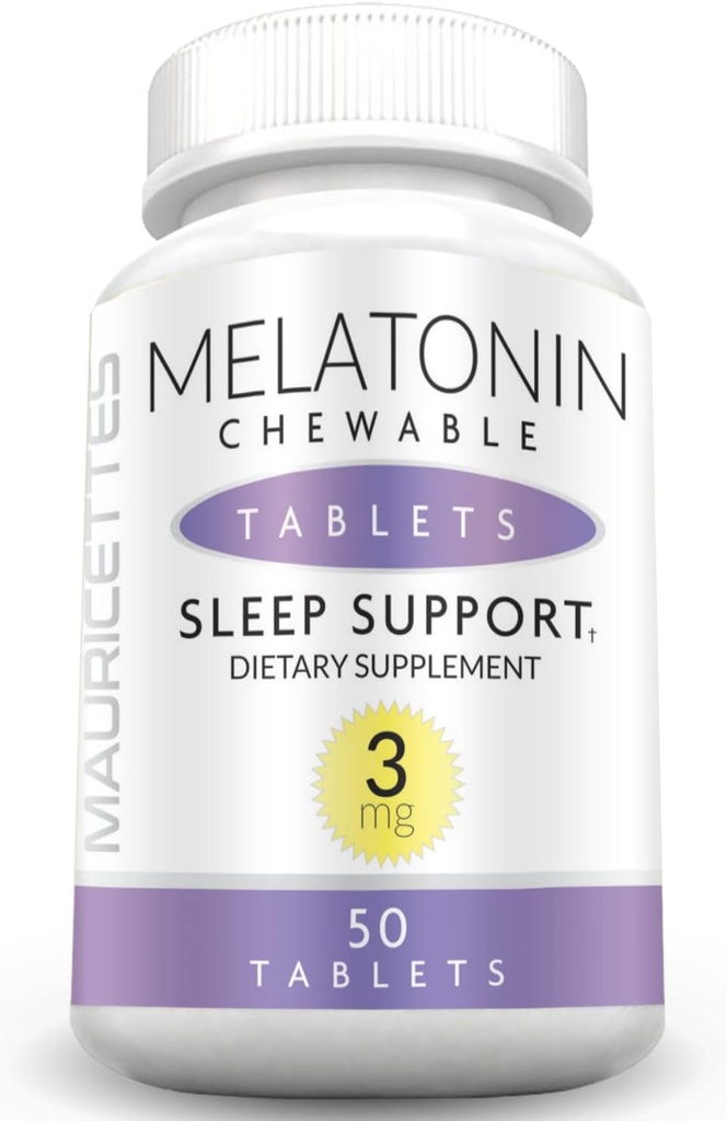 Mauricettes Natural Melatonin 3mg žvečljive tablete - hitro delujoče 3 mg uspavalne tablete za otroke, najstnike in odrasle, nearomatizirana, neadicijska, nerazrešljiva podpora za spanje, 50 žvečljivi