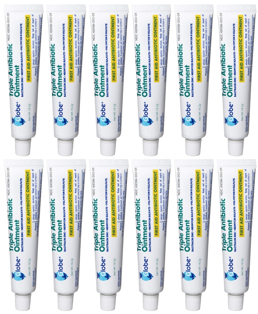 Globe (12 Pack) Triple Antibiotična prva pomoč Mazilo 1 oz, Prva pomoč Antibiotično mazilo, 24-urna zaščita okužb, zdravljenje ran za manjše madeže, opekline in rezi