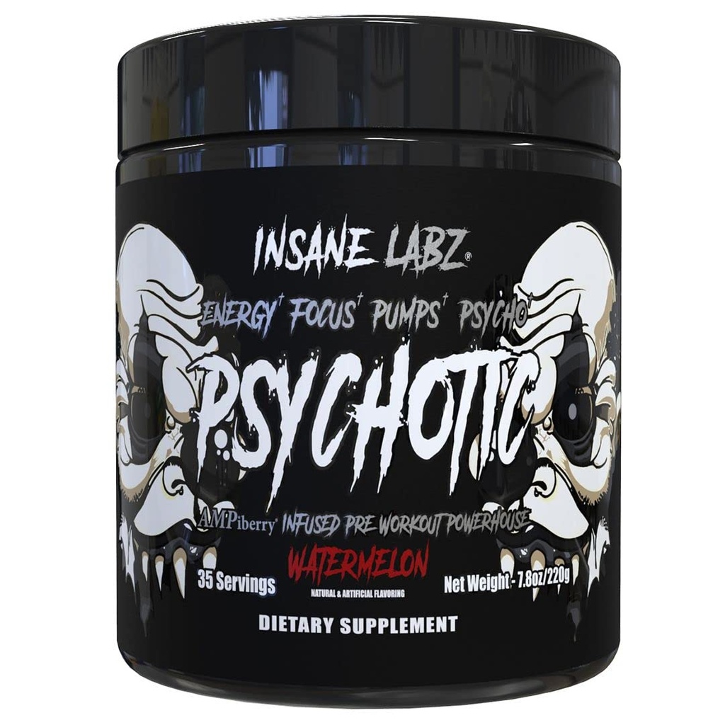 Insane Labz Psychotic Black Edition Mid Stimulant Pre Workout Powder, Energy Focus Pumps, Naložen z kreatin Beta Alanine Taurine, ki ga je gorivo AMPiberry, 35 Servings (Watermelon)