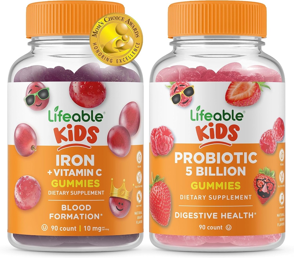 Življenjski Iron & Vitamin C Otroci + probiotiki 5 milijard otrok, Gummies Bundle - odličen okus, Vitamin dodatek, Gluten brezplačno, GSO brezplačno, Žvečljivi Gummy
