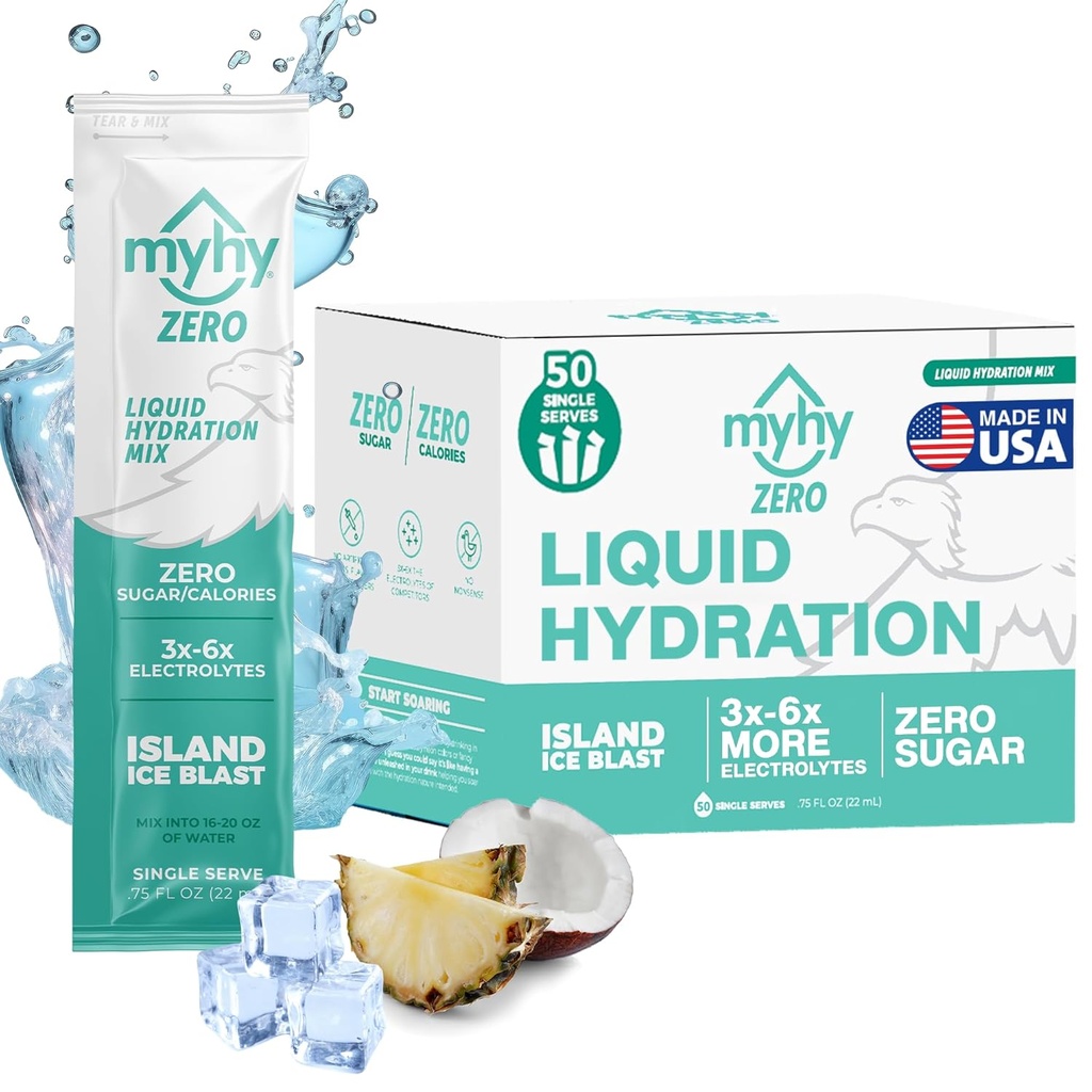 MyHy ZERO Liquid Hydration Packets, Sugar Free Electrolyte Drink Mix za podporo hidraciji, Dehidracija Relief za potovanja, Nosečnost, Fitness, Bachelor & Bachelorette Party – Ice Island, 50 Count