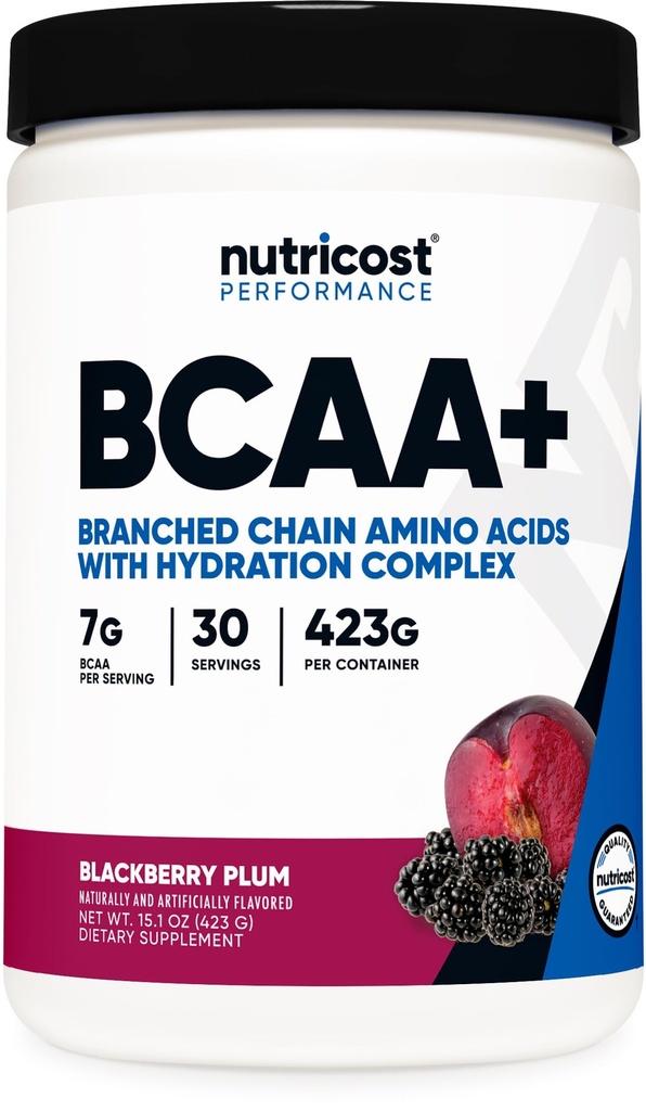 Nutricost BCAA Active with Glutamie, Citrullie, and Coconut Hydration Powder (BlackBerry Plum) 30 Servisi - razvejane verige aminokislin s hidracijskim kompleksom - Gluten-free, Non-GMO