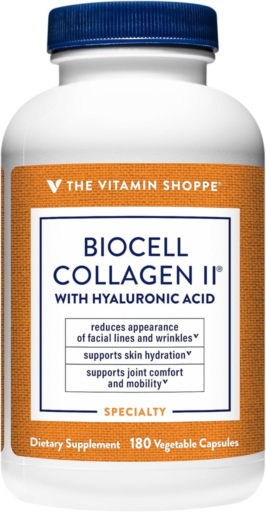Vitamin Shoppe Biocell Collagen II s hialuronsko kislino 1000mg - spodbuja zdravo kožo, sklepe in kartilažo - podpira Hidracijo in elastičnost - za dnevno wellness (60 Zelenjavne kapsule)