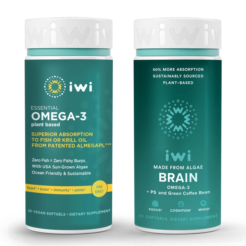 Iwi Omega-3 Essential & Brain Omega-3 Bundle, 30 Servings, Vegan na osnovi rastlin Algae Omega 3 z EPA + DHA, Krill & Fish Oil alternativa, brez ribjega pookusa