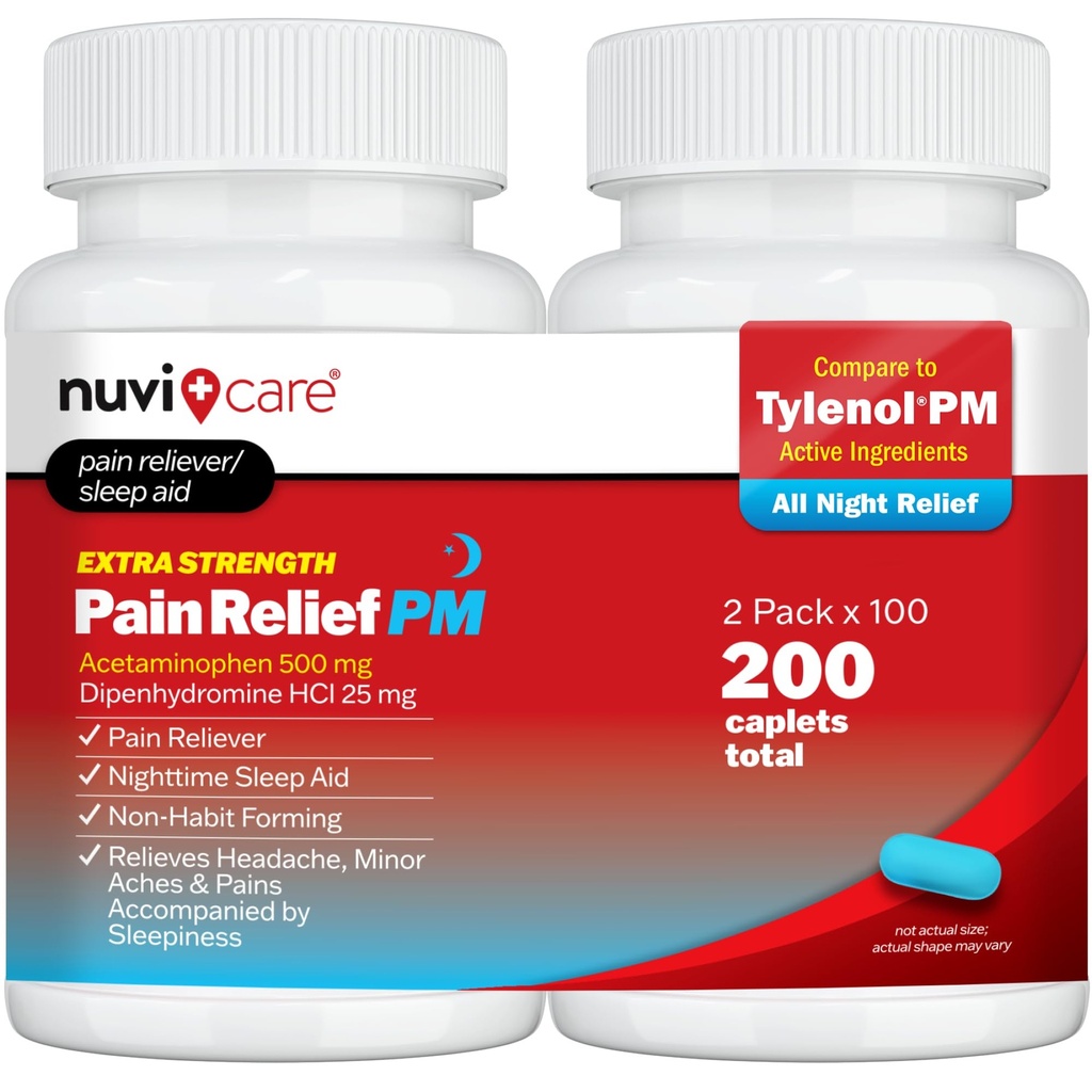 Dodatna jakost bolečina Relief PM - acetataminofen 500mg & difenhidramin 25mg - Primerjava z Tylenol PM Dodatna moč Pomoč za spanje - odrasli PM bolečina Reliever za nočne bolečine (100 tablet)
