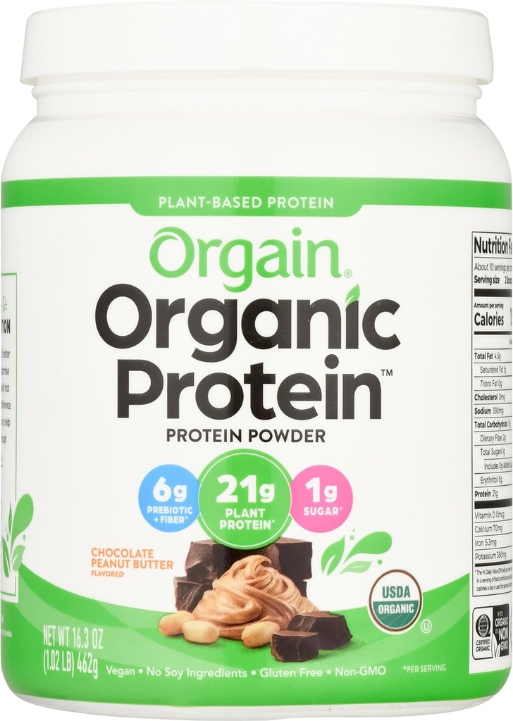 Orgain Organski veganski proteini v prahu, čokoladno arašidovo maslo - 21g rastlinskih beljakovin, nizko neto ogljikovih hidratov, nemaščobnih, brez glutena, brez laktoze, brez sladkorja, brez soje, Košir, 1,02 funt