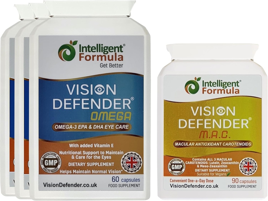 Vision Defender MAC & Omega vsak dan General Eye-Health Bundle (90 dni dobave). Eye Vitamins Supplement Vključuje karotenoide Lutein, Zeaksantin, Omega-3 (DHA, EPA). V Veliki Britaniji so ga izdelali strokovnjaki za oči