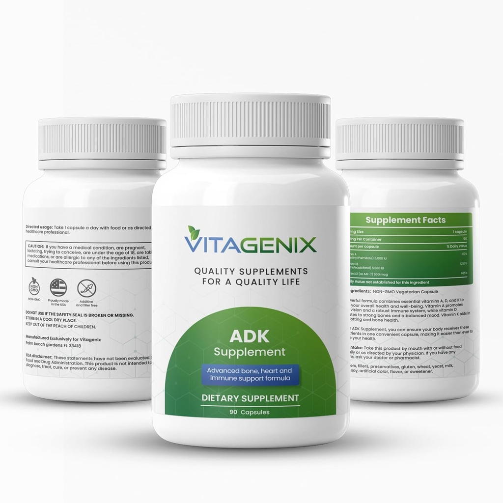 ADK 10 - Vitamin A, D3 & K2 doplačilo za moške in ženske - visoko močan vitamin ADK - pomaga pri podpiranju imunskega, kosti in srca - 90 kapsul