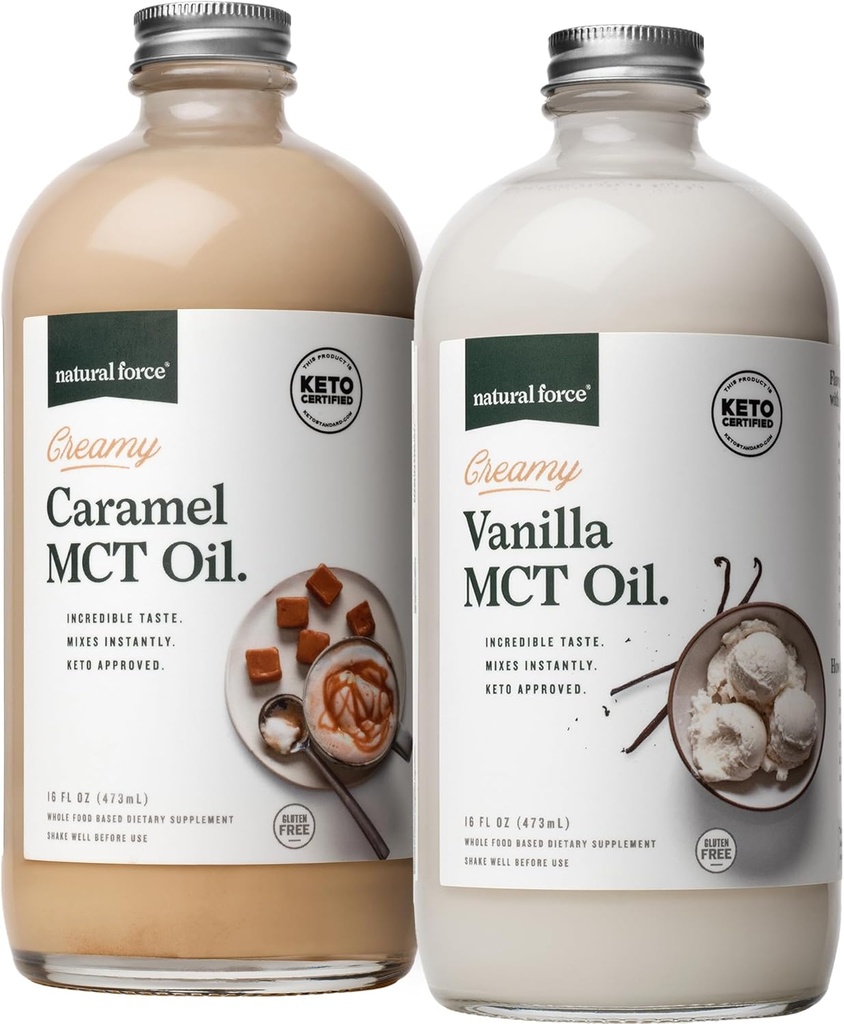 Naravna sila krema Vanilla + kremna karamela MCT Oil Bundele – Gluten-free, ne GSO, Emulgirani aromatizirani MCT iz organskih kokosovih orehov – Keto, Paleo, in Vegan – 2x 16 Ounce steklenih steklenic