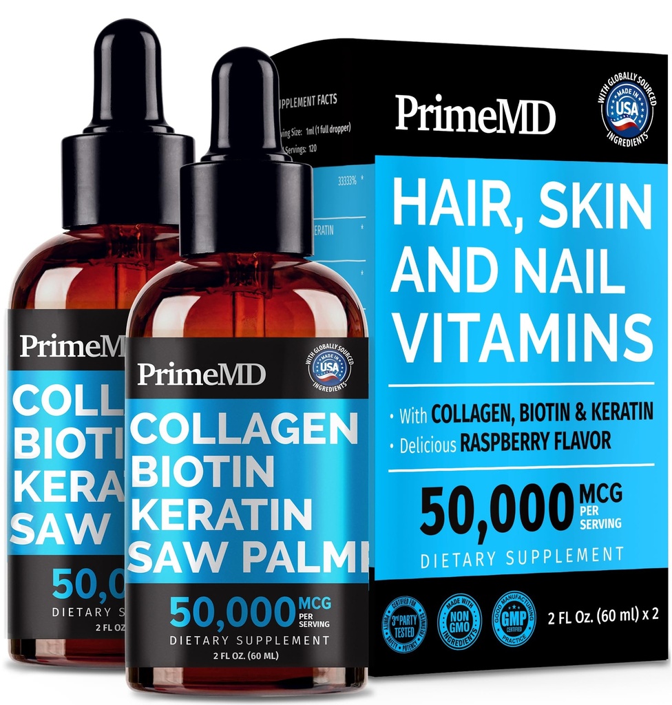 Tekoči kolagen Peptide za ženske - Serumski kompleks z vitaminom Biotin, hidroliziranimi keratin beljakovin in žago Palmetto - Celovita formula za lase, kožo in nohtov Wellness - 2fl oz (Pack of 2)