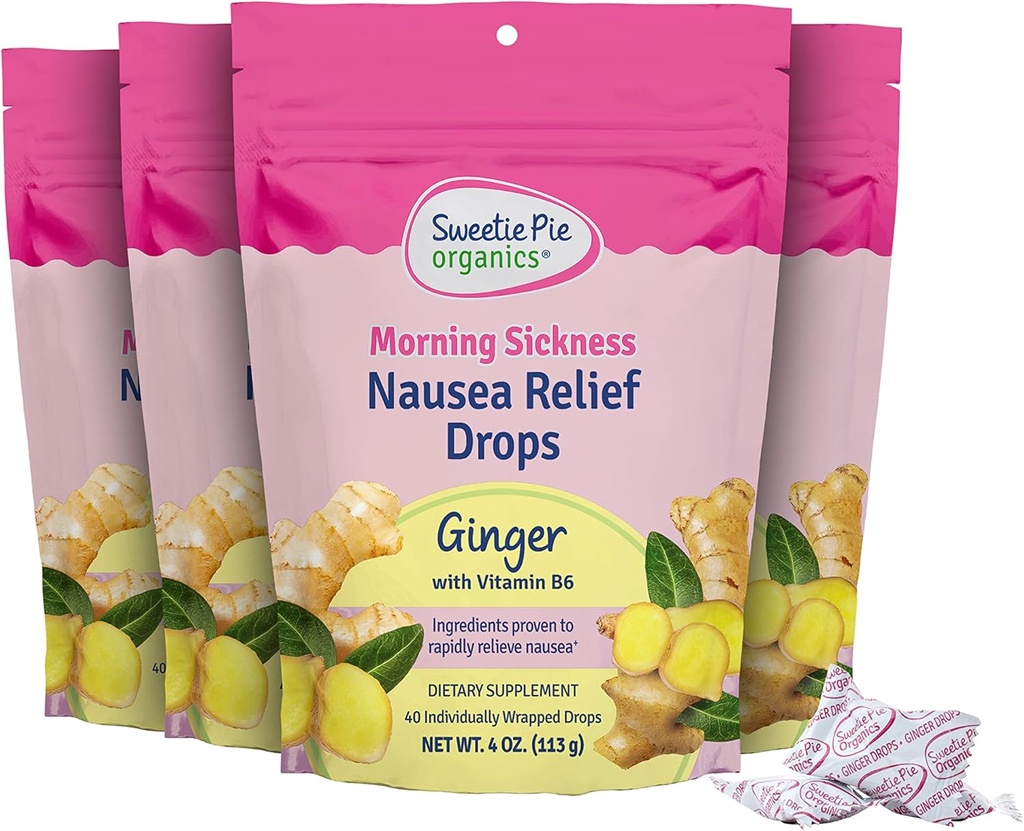 Sladka pita Organics® Jutranja bolezen Navzea Relief kapljice, Ginger, 4 oz, 4 pakiranje
