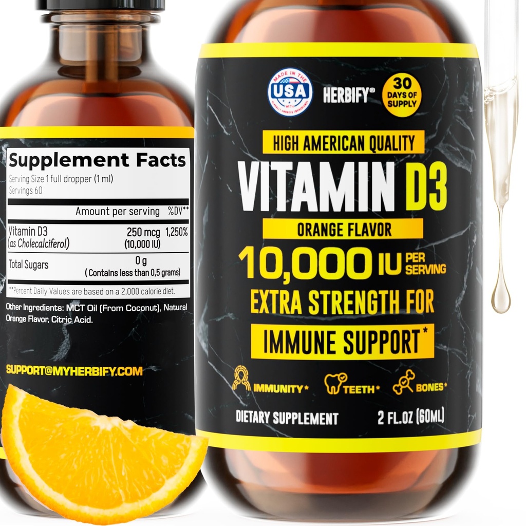 HERBIFY Vitamin D3 10000 i.e. - Izdelano v ZDA Tekoči vitamin D Kapljice - Moč kosti in Imunska podpora Dodatek - Sončna zamenjava - D3 Vitamin kosti in zob dopolnilo - 2 Oz