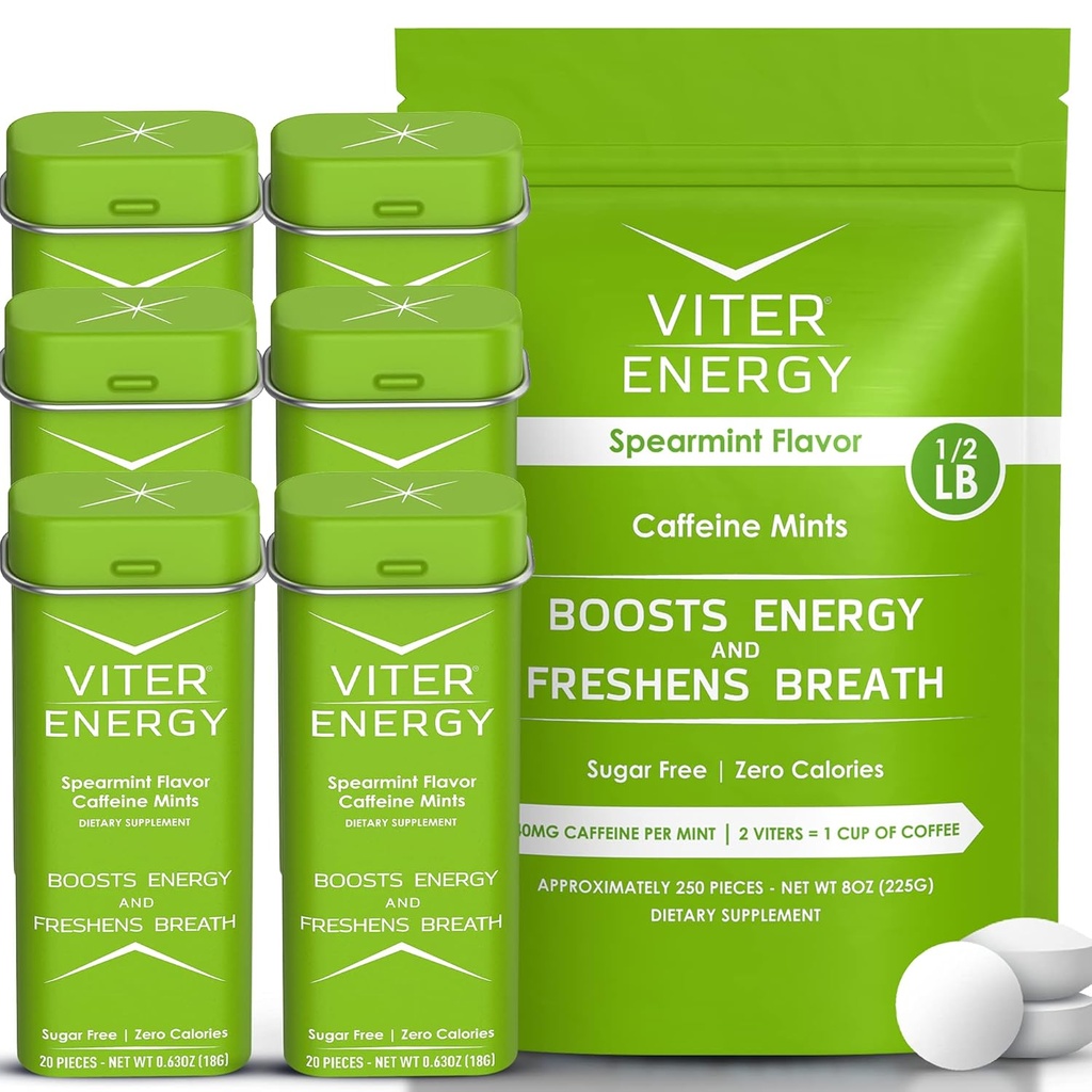 Viter Energija Original Caffeine Mints Spearmint Flavor 6 Pack and 1/2 Pound Bulk Bag Bunde - 40mg Kofein, B Vitamini, Sladkor brez, Vegan, Močen energijski ojačevalec za fokus in opozorilo