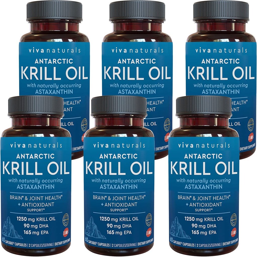 Viva Naturals Antarktika Krill Oil 1250 mg, Omega 3 EPA DHA in Astaksantin, Skupna podpora in Možganski dodatek z antioksidanti Lastnosti, Brez ribjega pookusa (Pack od 6)