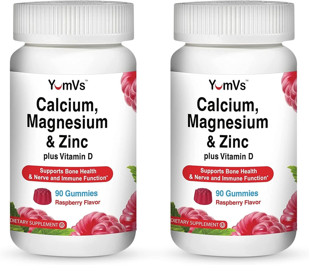 YUM-V'S Calcium, Magnezij, cink in vitamin D Gumies (90 Število) - Kalcijeve Gumies z vitaminom D3 + cink & magnezij dopolnila - Okusno zdravje kosti Gummy dodatek za moške, ženske in otroke