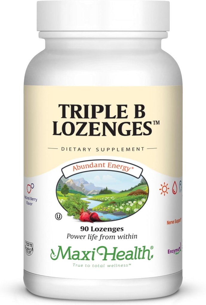 Maxi Health Triple B Lozenges - Vitamin B12 & B6 & Biotin - Jagodna aroma - 90 Chewies - Košir