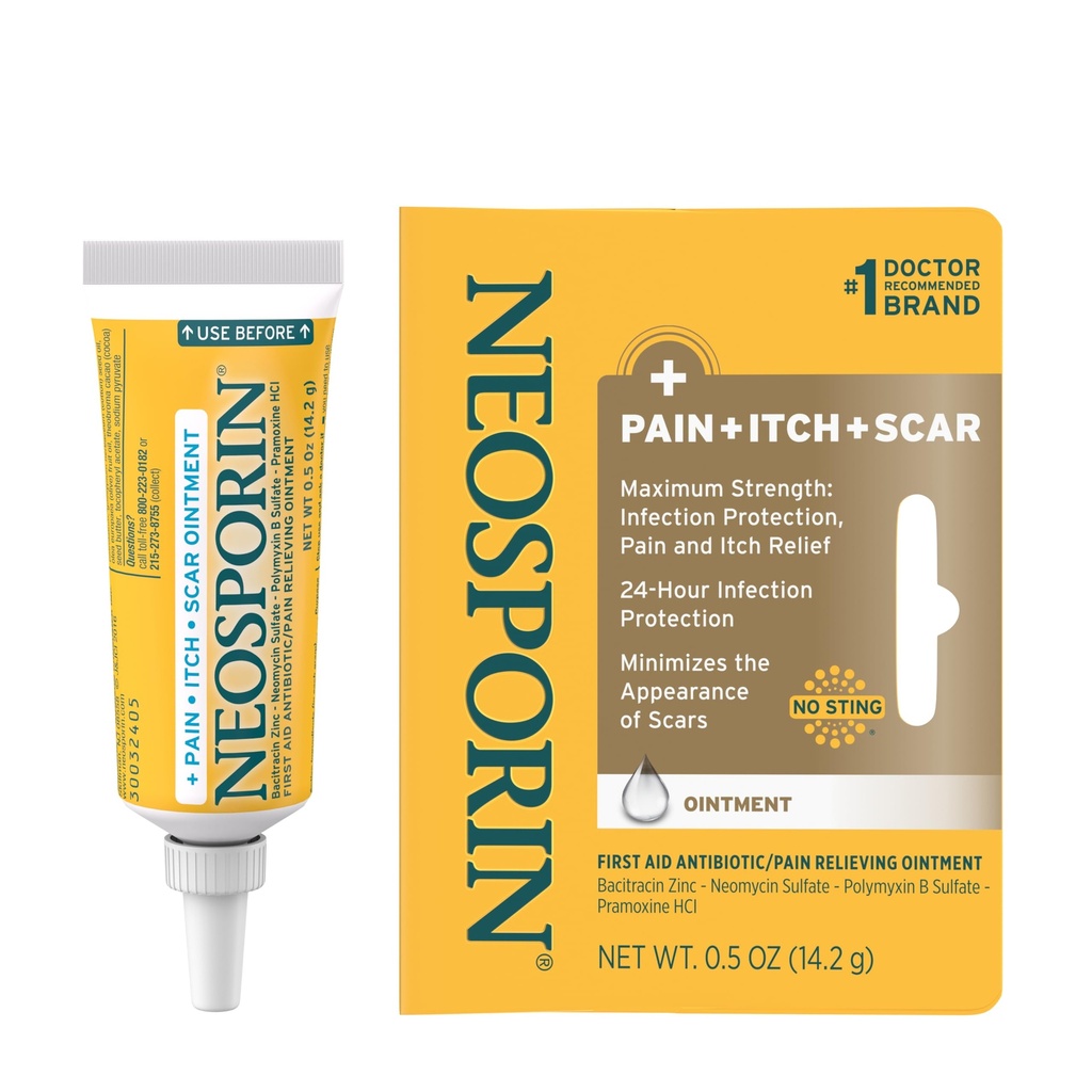 Neosporin Antibiotično lajšanje bolečine, anti- srbečica, in brazgotin videz minimizator mazilo z neomicinom in bacitracin cink, 24-urna zaščita okužbe za manjše reze, Scrapes & Burns,.5 oz