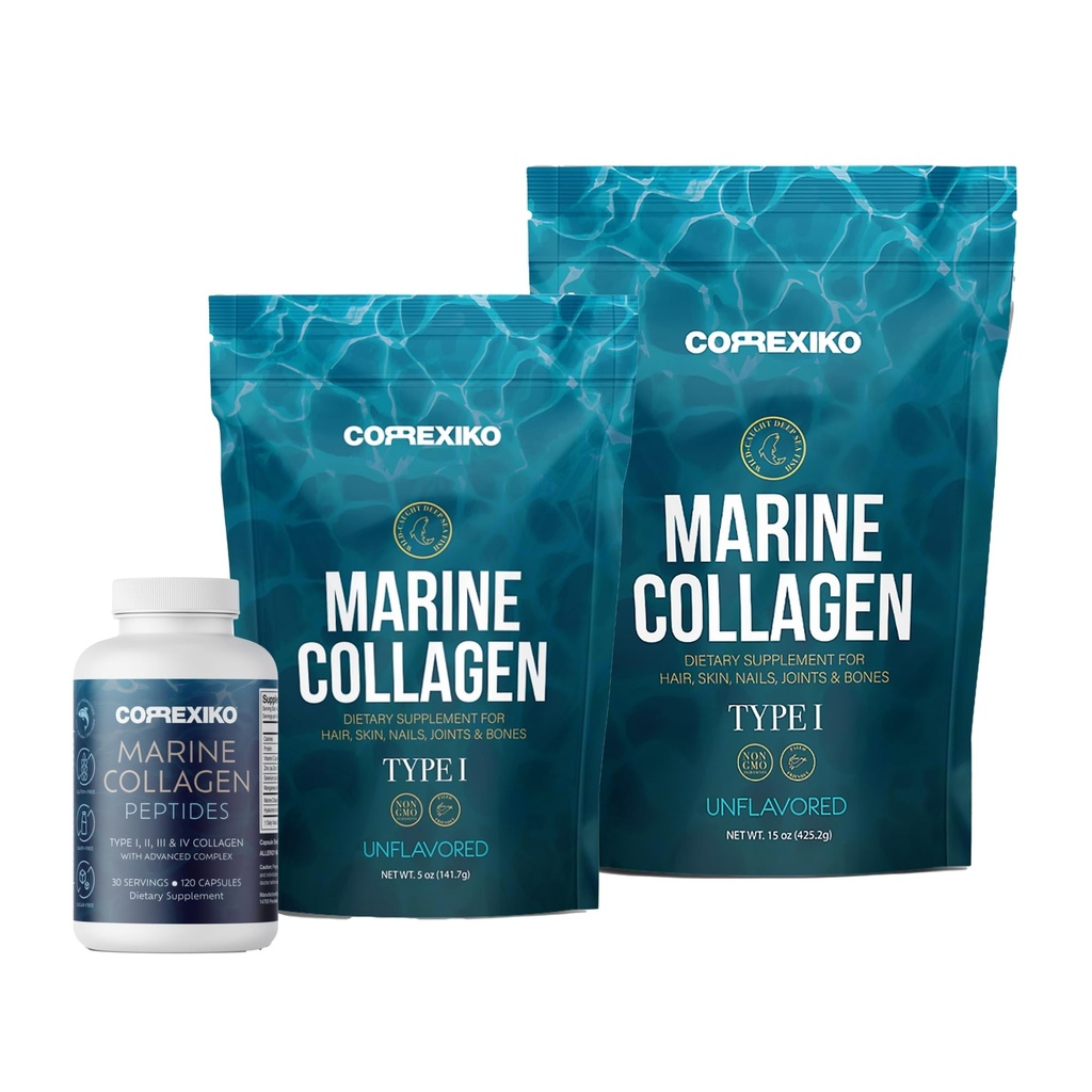 CORREXIKO Marine Collagen dopolnilo tablete in prah paket - vključuje 10.000 mg dvojno hidroliziran kolagen prašek 15 oz & 5oz in 1800mg kolagen peptidi 120 kapsul - za lase, kožo in nohte
