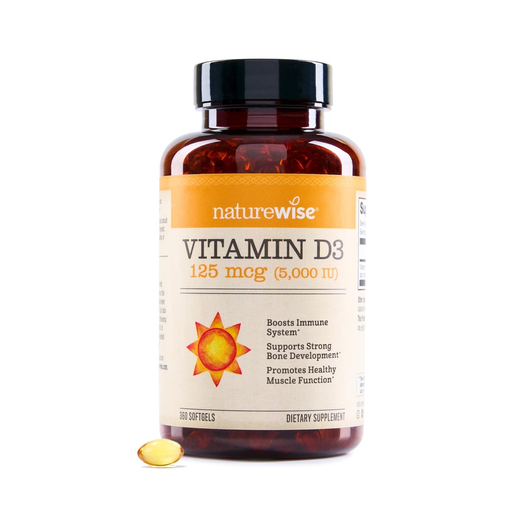 NatureWise Vitamin D3 5000iu (125 μg) 1 leto Oskrba za imuno podporo, zdravo delovanje mišic in zdravje kosti - Ne-GMO, Gluten prost v ekološko ekstra deviško oljčno olje, (Mini Softgel), 360 število