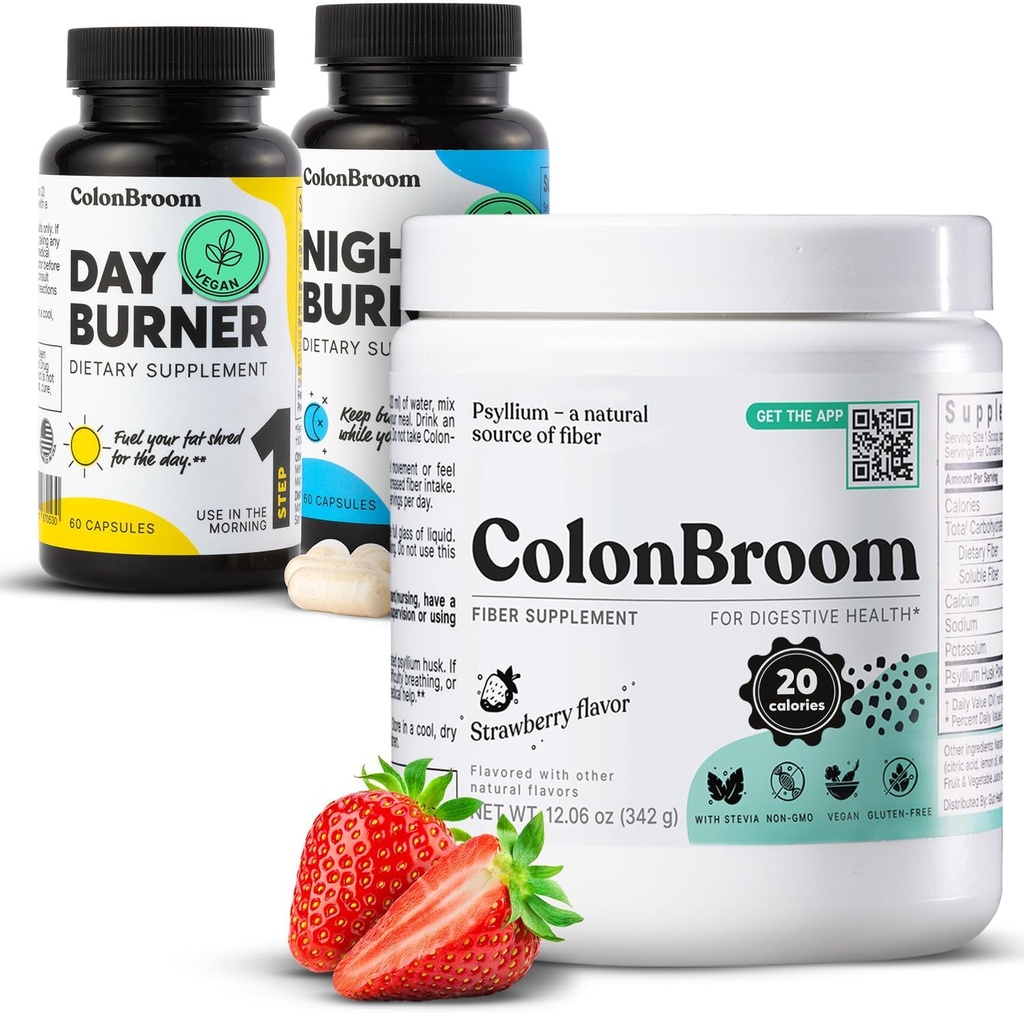 ColonBroom Psyllium Husk Powder, Colon Broom Cleanser Fiber Dodatek za Bloating Relief & Gut Zdravje + Day & Night Burner dodatki, tablete za upravljanje s težo (60 strežnice), 3 Izdelki