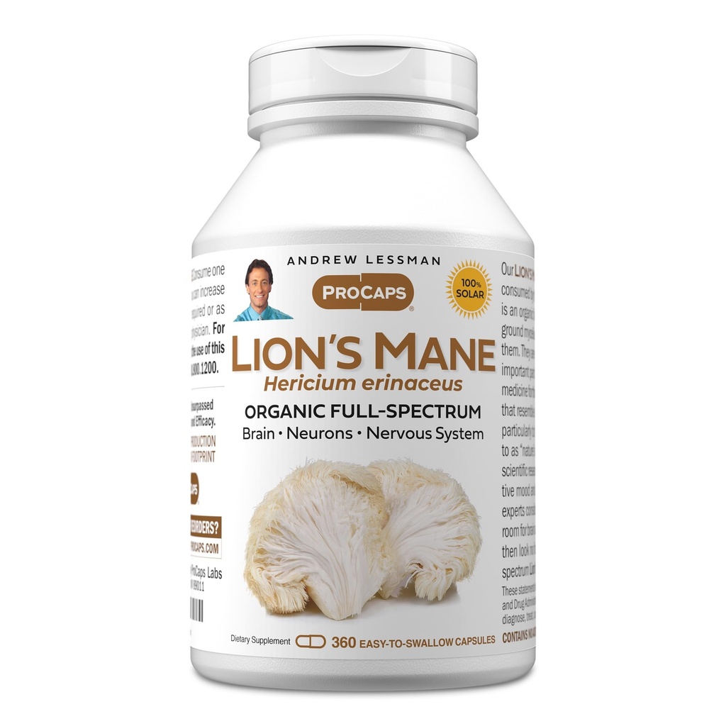 ANDREW LESSMAN Lion's Mane 360 Kapsule - Izvleček manskih gob z organskim celotnim spektrom - podpira zdrave možgane, kognitivne in živčne funkcije - brez dodatkov.