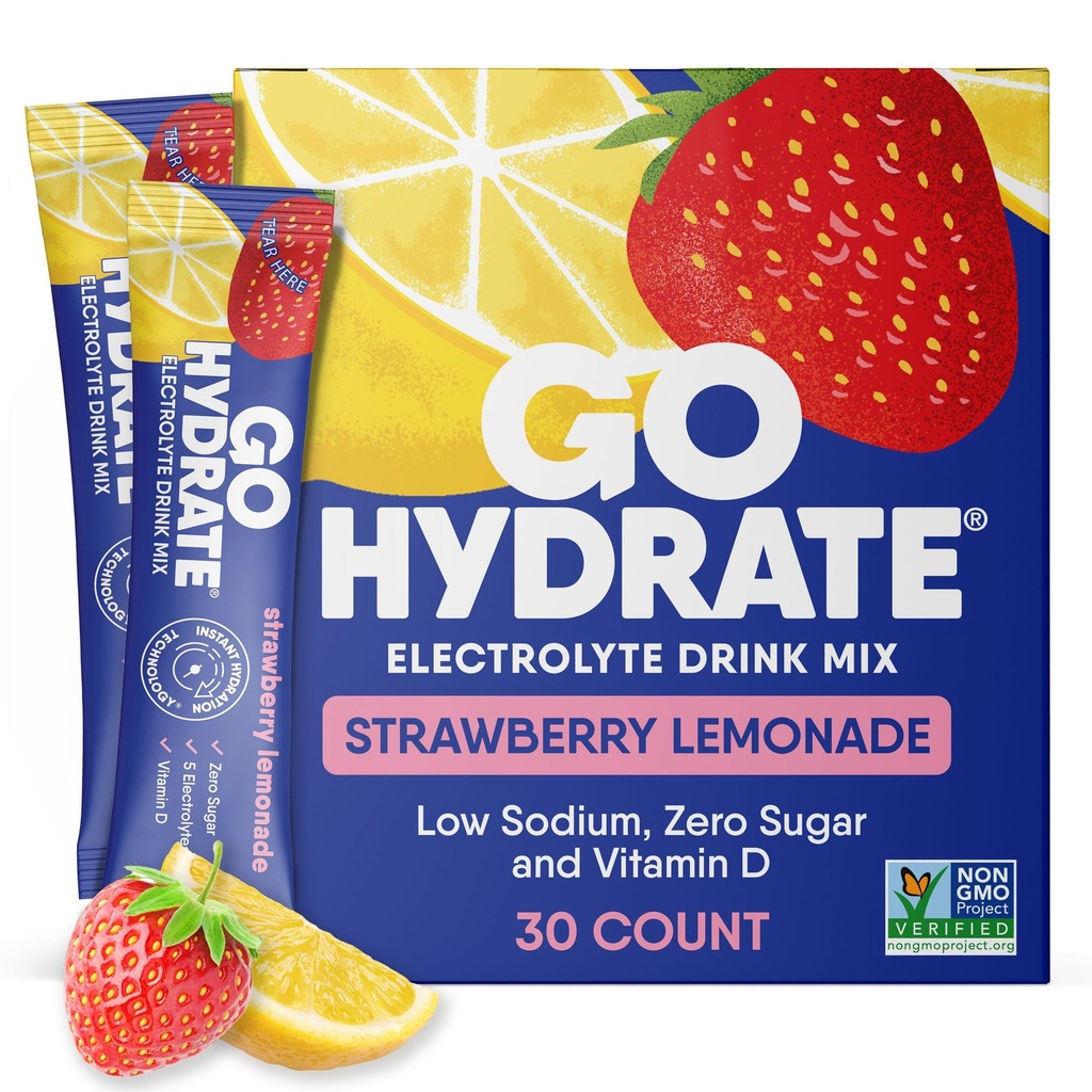 GoHydrate Nizki natrijevi elektroliti v prahu Pakiranja brez sladkorja - takojšnja hidracija Dnevna pijača Mix - nič sladkorja voda aroma Packet Samci z vitaminom D - (Jagodna limonada, 30 pakiranj)