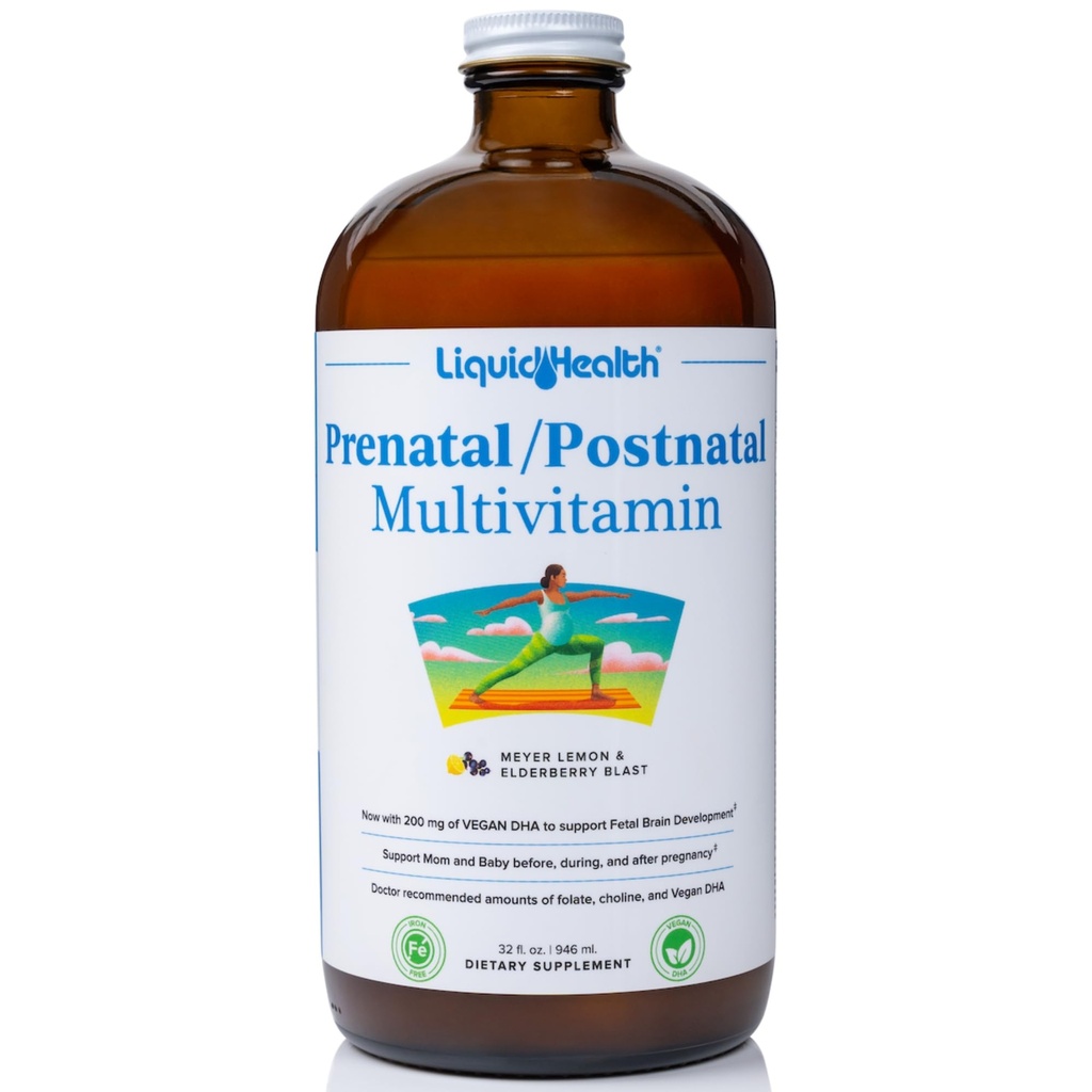 LIKVIDHEALTH PRENATAL/Postnatal Multivitaminski več tekoči ženski z realnim folatom - Pre & Postnatal Vitamini za Pred, Med, Po nosečnosti - Made in USA, Vegan, Sugar-free, Non-GMO (32 oz)