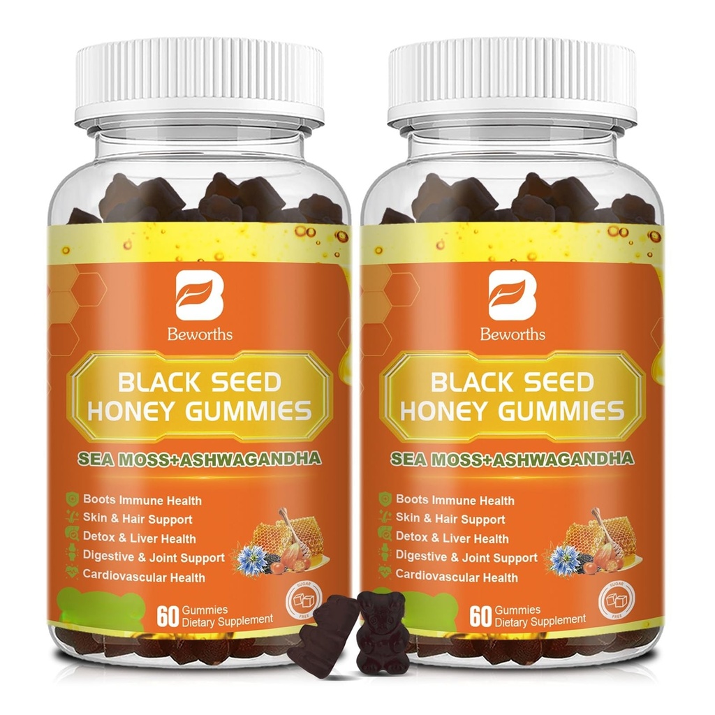 (2 Pack) Črno olje Seed Sea Moss Gumies z Ashwagandha, Burdock Root, Linden Honey, Elderberry, Kurkuma, Vitamin C, D3 & Cink - podpira imuniteto, Joints, Prebava, Hair & Skin, Vegan Gummies 120