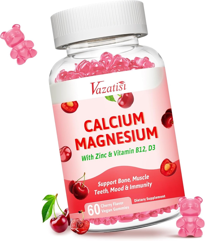 Kalcijev magnezijev cink Gumies, kalcij Magnezij 2:1 Razmerje z vitaminom D3 & B12 za podporne mišice, razpoloženje in imuniteto, 60 Veganov češnjev okus