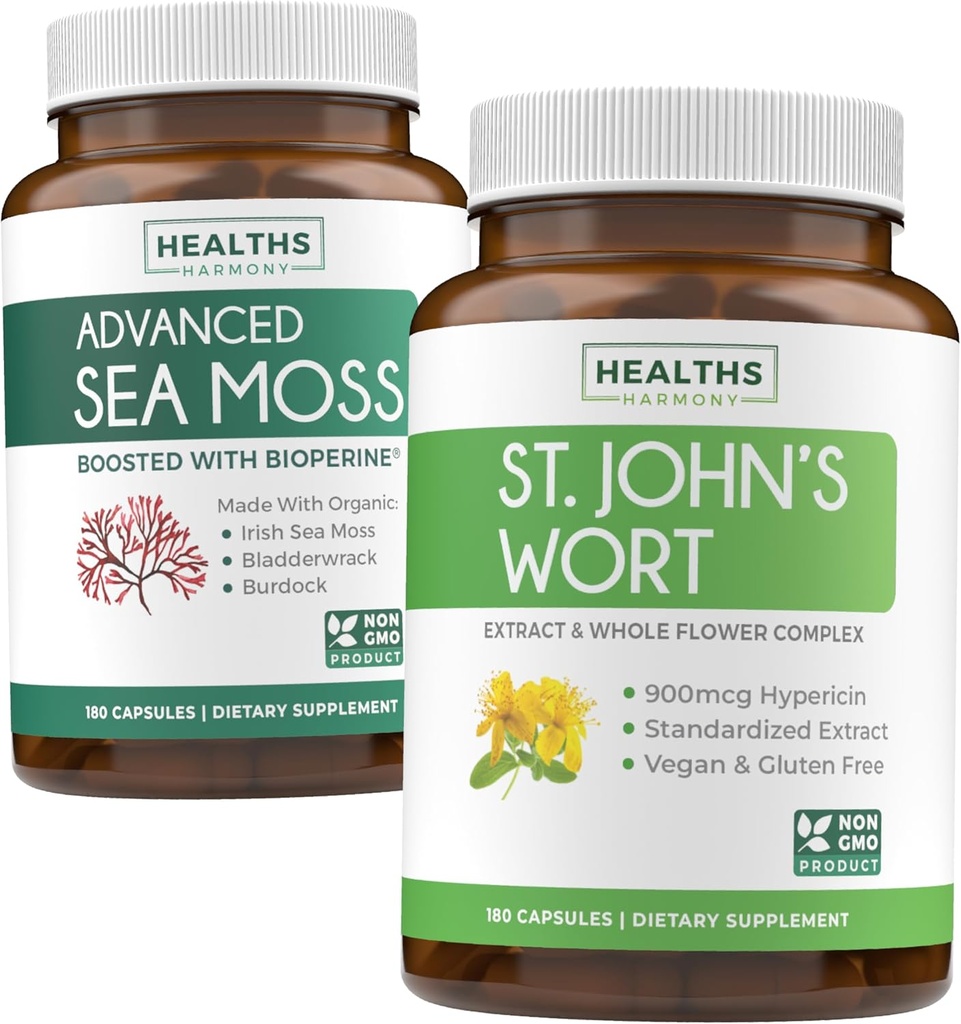 Sea Moss & St. John's Wort (2-mesečna zaloga) Mood Moss Mešanica - Organic Irish Sea Moss - Raw Vegan Supplement (180 Caps) & St John's Wort z močno 900mcg Hypericin Vegan Non-GMO (180 kapsul)