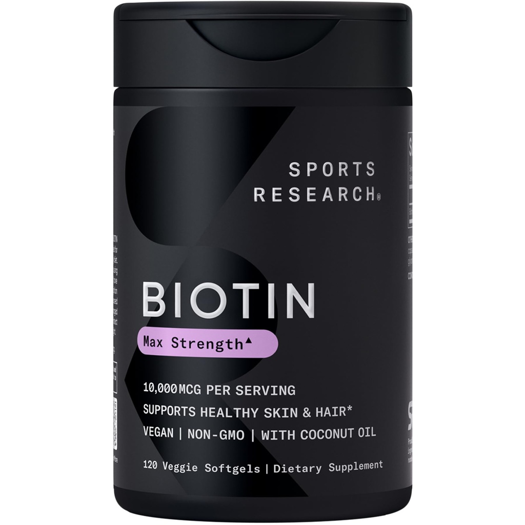 Športne raziskave® Biotin 10.000mcg z organskim kokosovim oljem - Biotin (vitamin B7) za zdravo podporo koži in lasem* - za ženske in moške - Vegan, Non-GMO, Gluten & Soy-free - 120 Veggie Softgels