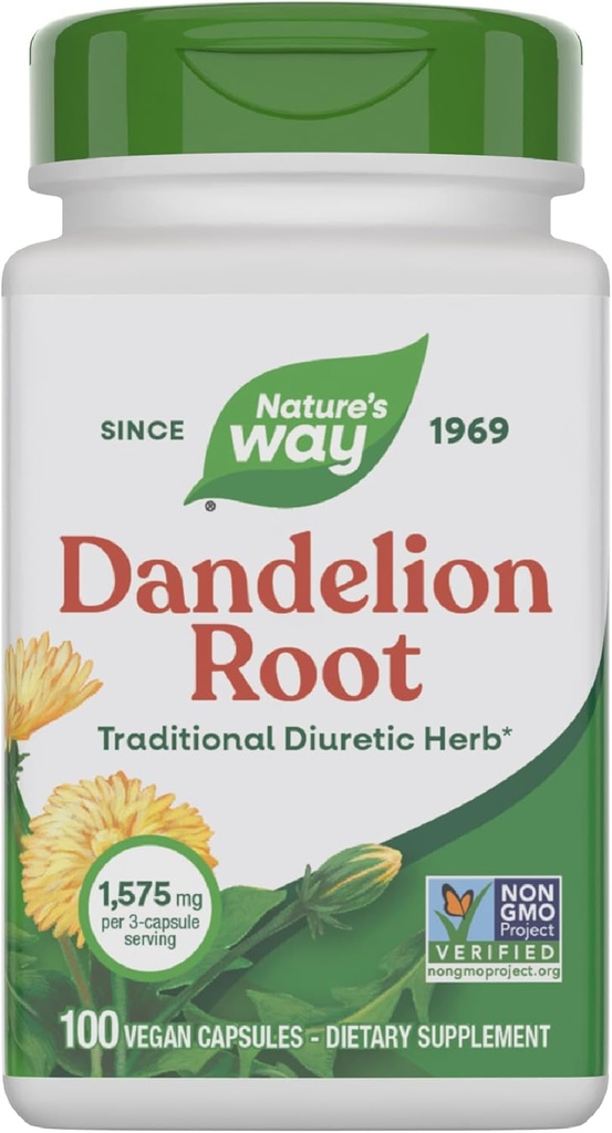 Koren vrste Nature's Dandelion, tradicionalni diuretični herb*, veganske koreninske kapsule Dandelion, 100 število (Packaging May Vary)