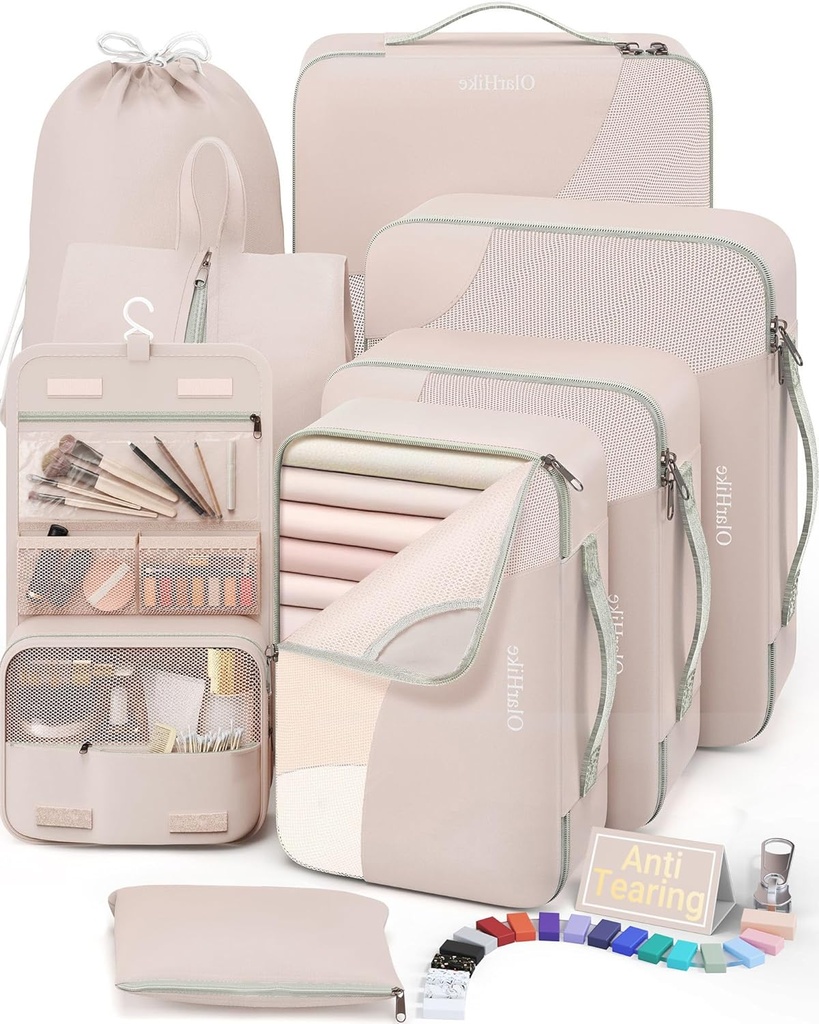 10 Set/8 Set Pakiranje kocke za potovanja, Darila za ženske mama,Anti-Tearing kovček Organizator za prtljago s čevlji in obešanje toaletni vrečka, OlarHike počitnice bistvenosti in dodatki za Cruise Ship, Cream