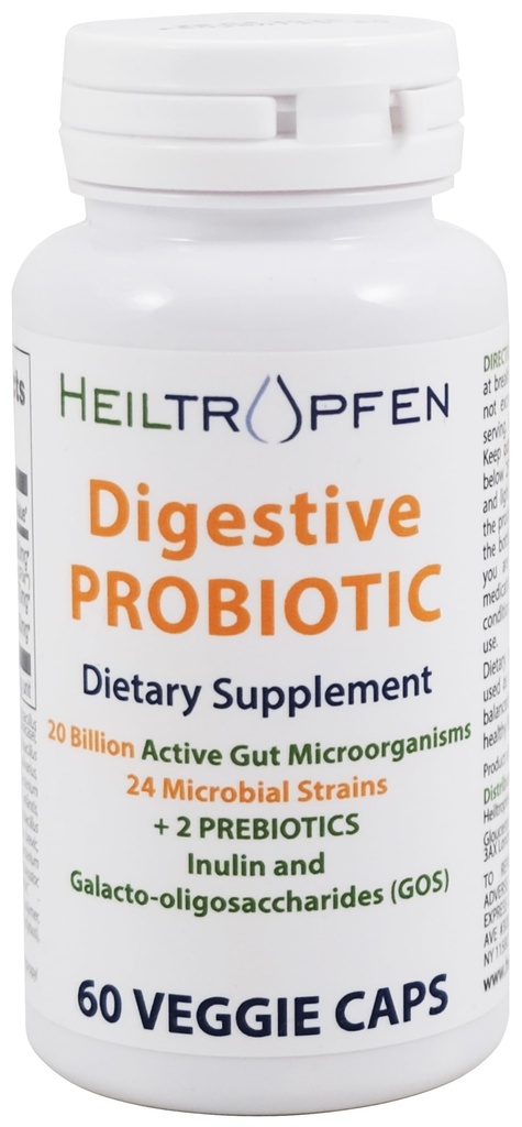 Heiltropfen Digestive Probiotic + Prebiotic | 24 Strains | 20 Billion CFU | 60 Capsules | Active Gut | Inulin and GOS | Dietary Supplement | Third-Party Tested