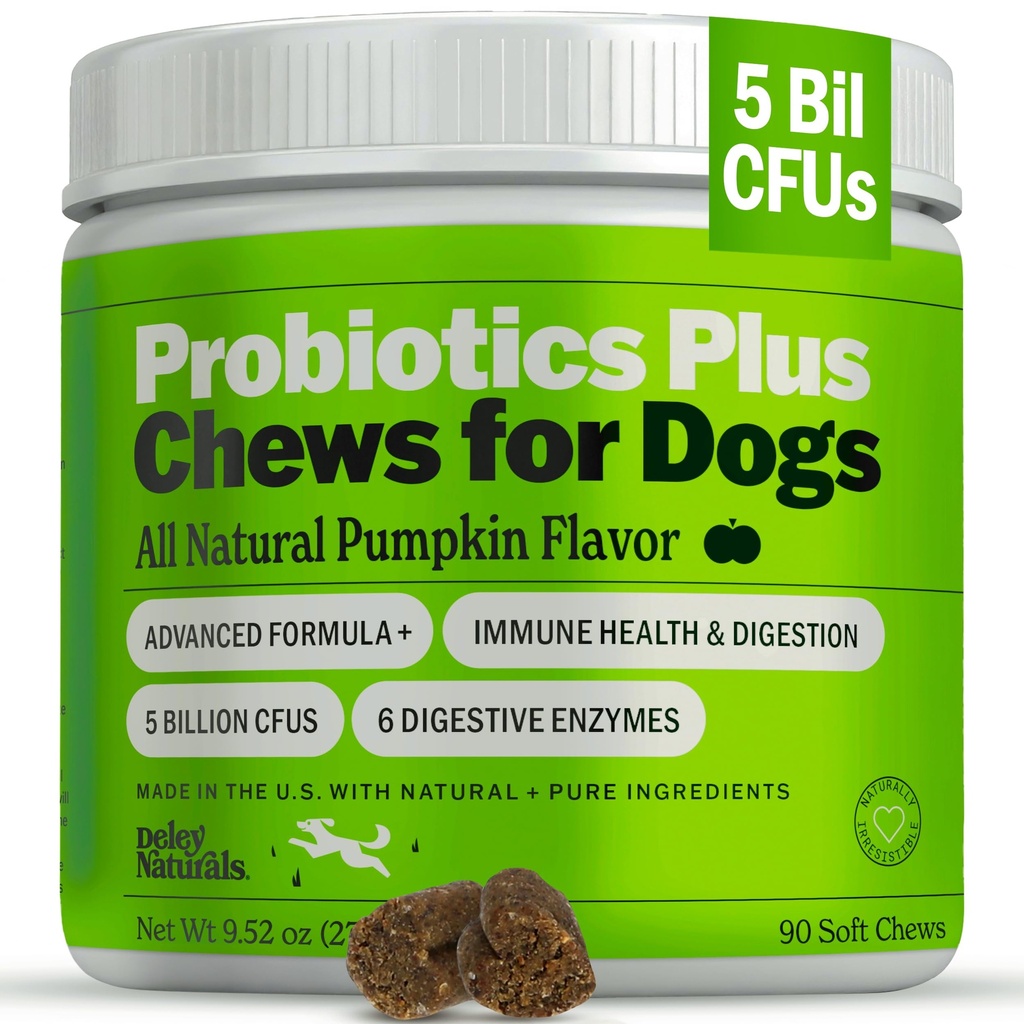 Deley Naturals Probiotics Plus Chews za pse, Gut Health Supplement, 5 milijard CFU's, Digestive Enzymes, Prebiotics, Dog Alergies, Diarea, Yeast, Bunny Flavor, 90 Count - Made in the ZDA