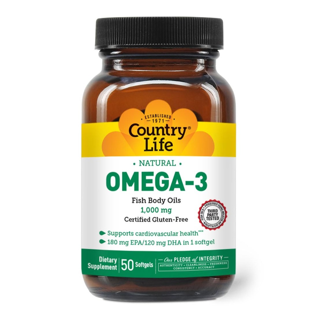 Country Life Omega-3 Fish Oil Supplement, 10000mg,180mg EPA & 120mg DHA, Fish Oil Concentrate, Burpless, 50 Softgels, Certified Gluten Free