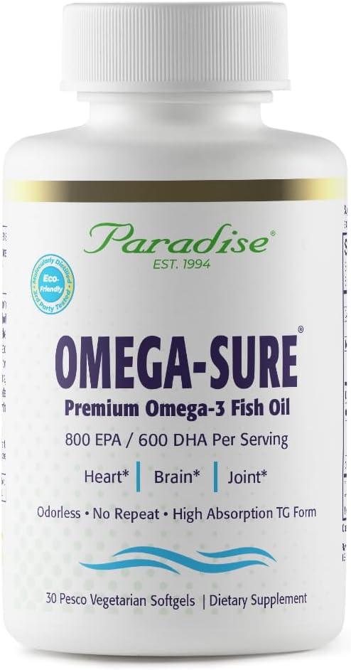 Paradise Zelišča Omega-Sigurno, Omega-3 koncentrat, Premium ribje olje, DHA, EPA, Vegan, Non GSO, Gluten brezplačno, 30 Število vegetarijanskih softgels