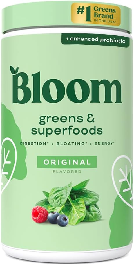 Bloom Nutrition Superfood Greens Powder, Prebavne encime s probiotiki in prebiotiki, Gut Health, Bloating Relief za ženske, Klorella, Green Juice Mix z peso Root Powder, 60 SVG, Original