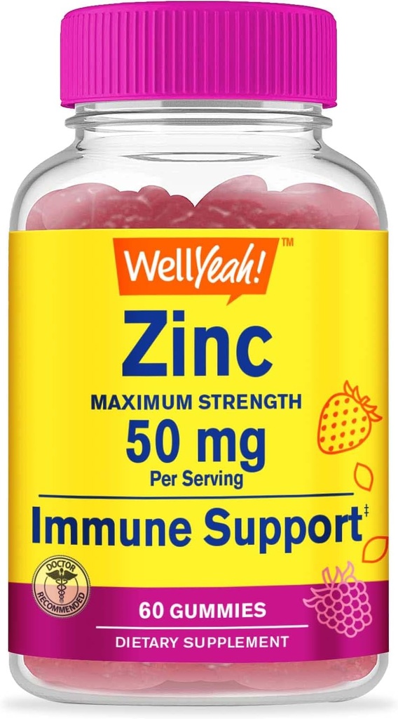 WellYease Cink Gummies 50 mg - Podpira zdravo imunske funkcije in antioksidant zdravje - Natural Berry Flavor - Gluten-free, GSO-free - Žvečljivi Gummy dietni dodatek - 60 Gummies
