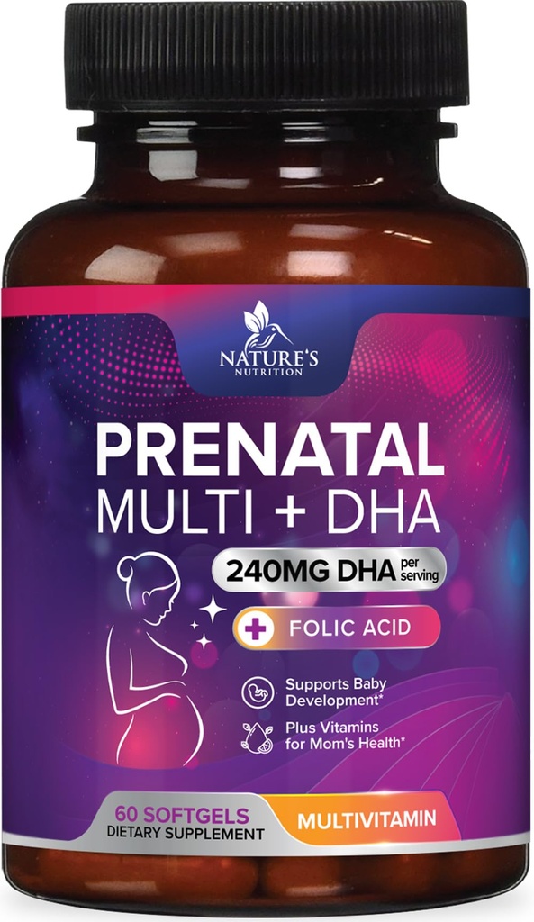 Prednatalni vitamini s folno kislino & DHA, fetalni možgani razvoj podpora Folate & Omega 3's, Prenatalni multivitamin za ženske, vitamin A, C, D, B6, B12 & železo, nosečnost dodatek - 60 Softgels