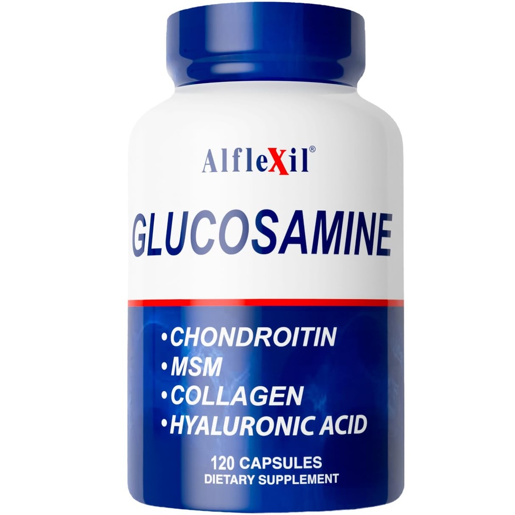 ALFA VITAMINS Alflexil glukozamin, Chondroitin & Collagen dodatek, Gluten prost, podpira sklepe, kosti in kolena, vključuje MSM & hialuronska kislina za mobilnost in skupno zdravje, 120 kapsul