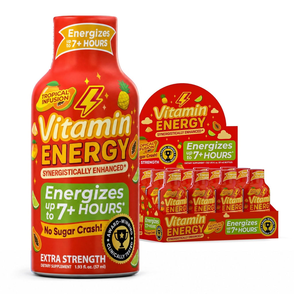 Vitamin Energija Imuno+ Ekstra moč Energija Shot Mango 12 Pack, 260mg Naravni kofein, B-vitamini, Citicoline, Zeleni čaj, Imuniteta in fokus podpora, Nič sladkorja, Gluten-free 1,93 fl oz