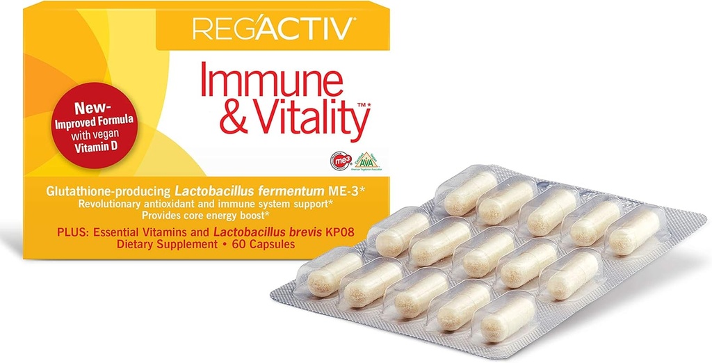 Reg'Activ Immune & Vitality - Presnova Booster z Lactobacillus fermentum ME-3 Probiotiki za digestivno zdravje Gut Health Supplements, z Veganski vitamini bistvenega za vzdrževanje imunskega zdravja