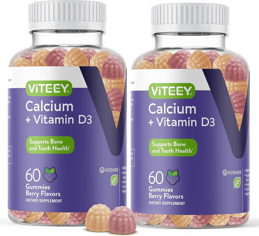Kalcijevi žvečilni gumiji z vitaminom D3 - podpira zdravje kosti in zob - Žvečilni kalcijevi gumiji za ženske, moške in najstnike - Košir, Gluten brezplačno, GSO brezplačno, okusno jagode aromirani kalcijevi žveči Gummy