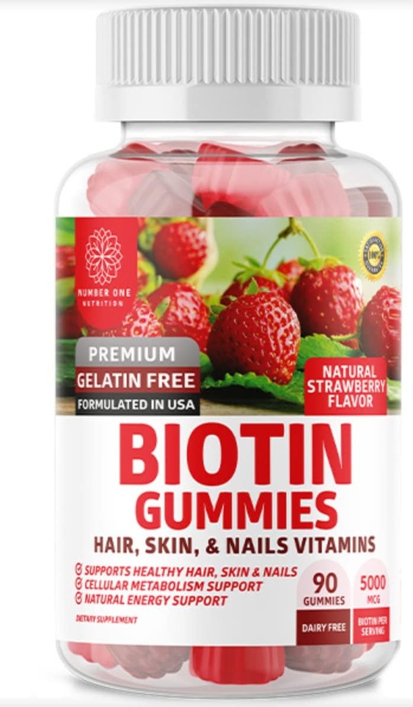 Številka One Nutrition N1N Premium Biotin Gummies 5000mcg [High Potency, 90 Gummies] za zdrave lase, kožo in nohte za odrasle in otroke, Vegan, Non-GMO, pektin na osnovi